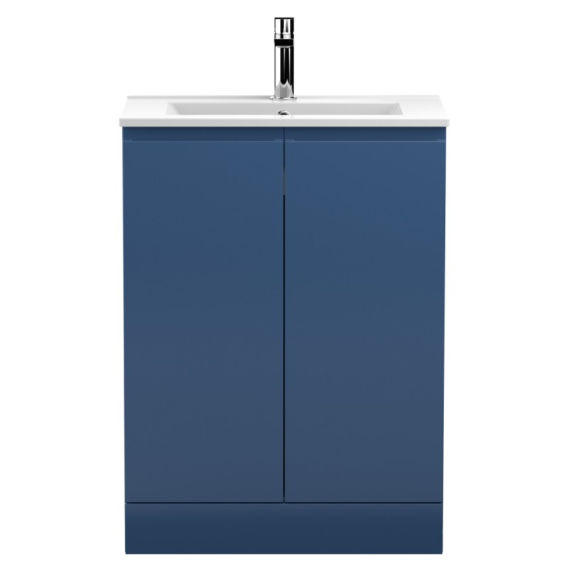 Urban Satin Blue 600mm (w) x 828mm (h) x 395mm (d) Floor Standing 2-Door Vanity Unit & Minimalist Ceramic Basin
