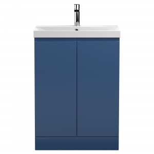 Urban Satin Blue 600mm (w) x 860mm (h) x 395mm (d) Floor Standing 2-Door Vanity Unit & Thin-Edge Ceramic Basin