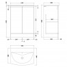 Urban Satin Green 600mm Freestanding 2 Door Unit & Curved Ceramic Basin - Technical Drawing