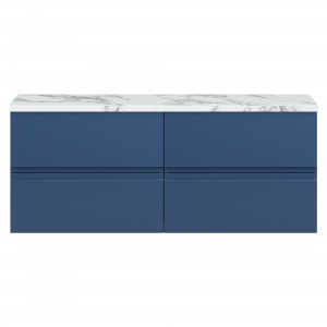 Urban 1200mm Wall Hung 4 Drawer Unit With Carrera Marble Laminate Worktop - Satin Blue