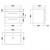 Solar Pure White 600mm (w) x 540mm (h) x 450mm (d) 2 Drawer Wall Hung Vanity Unit and Basin - Technical Drawing