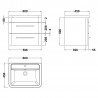 Solar Indigo Blue Wall Hung 600mm (w) x 540mm (h) x 450mm (d) Cabinet & Ceramic Basin - Technical Drawing