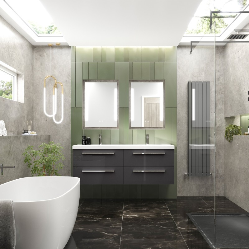 Quartet Gloss Grey Wall Hung 1400mm (w) x 548mm (h) x 500mm (d) 4 Drawer Vanity Unit and Basin - Insitu