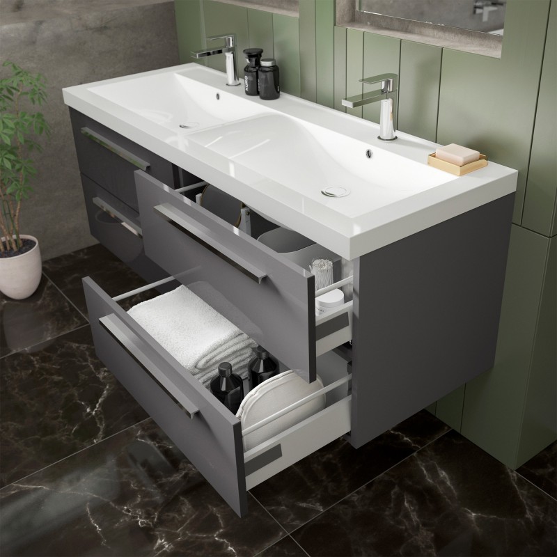 Quartet Gloss Grey Wall Hung 1400mm (w) x 548mm (h) x 500mm (d) 4 Drawer Vanity Unit and Basin - Insitu