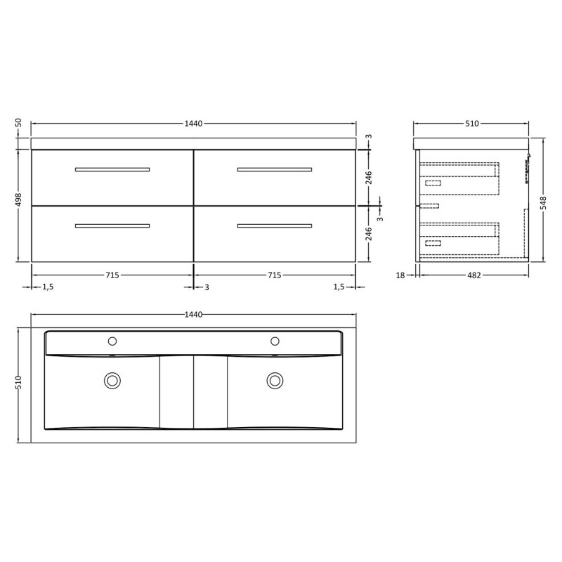 Quartet Gloss Grey Wall Hung 1400mm (w) x 548mm (h) x 500mm (d) 4 Drawer Vanity Unit and Basin - Technical Drawing