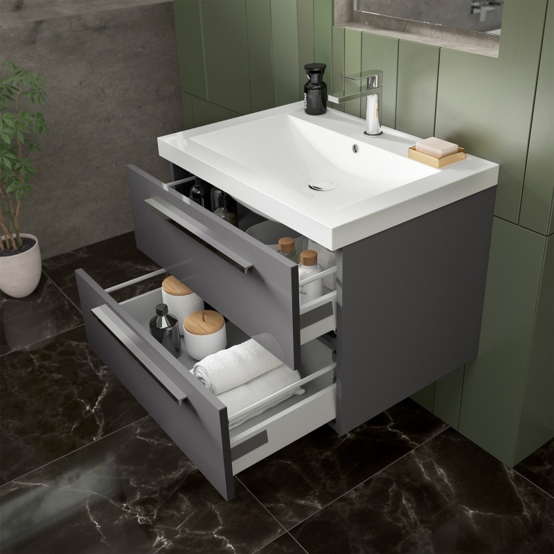 Quartet Gloss Grey Wall Hung 718mm (w) x 548mm (h) x 500mm (d) 2 Drawer Vanity Unit and Basin - Insitu