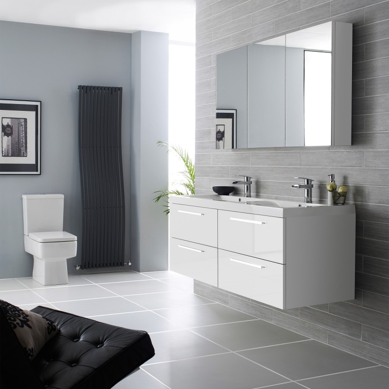 Quartet Gloss White Wall Hung 1400mm (w) x 548mm (h) x 500mm (d) 4 Drawer Vanity Unit and Basin - Insitu