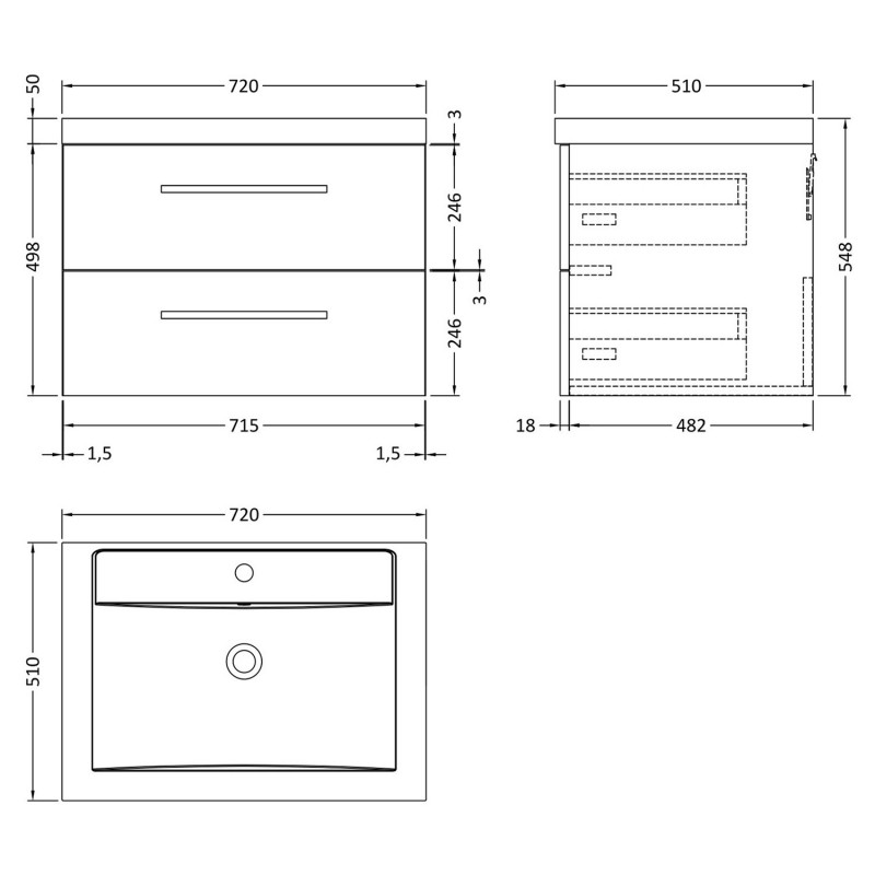 Quartet Gloss White Wall Hung 718mm (w) x 548mm (h) x 500mm (d) 2 Drawer Vanity Unit and Basin - Technical Drawing