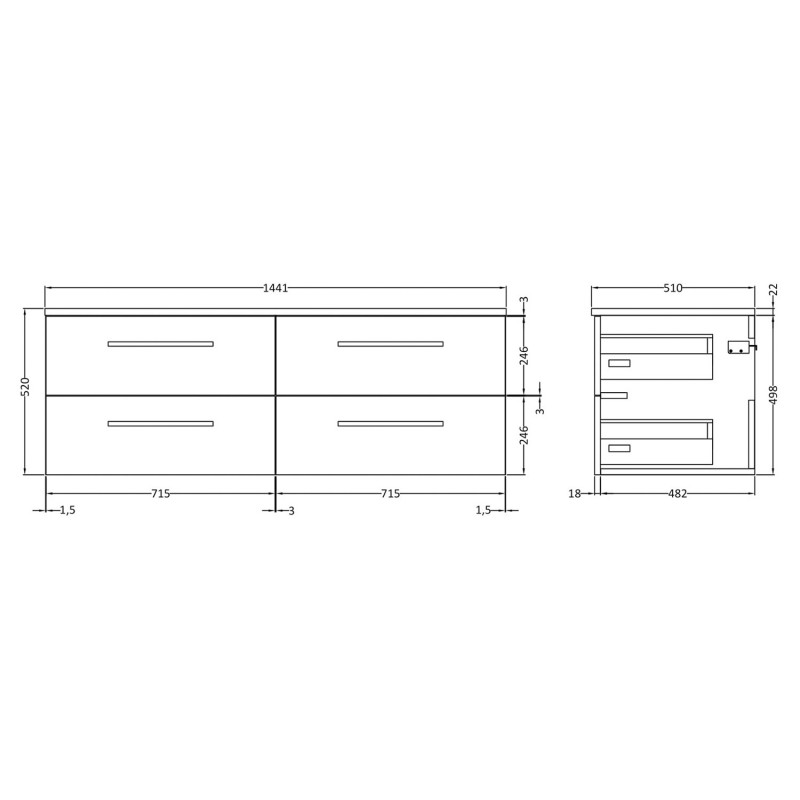 Quartet Gloss White 1440mm (w) x 520mm (h) x 510mm (d) Double Cabinet & Sparkling Black Worktop - Technical Drawing