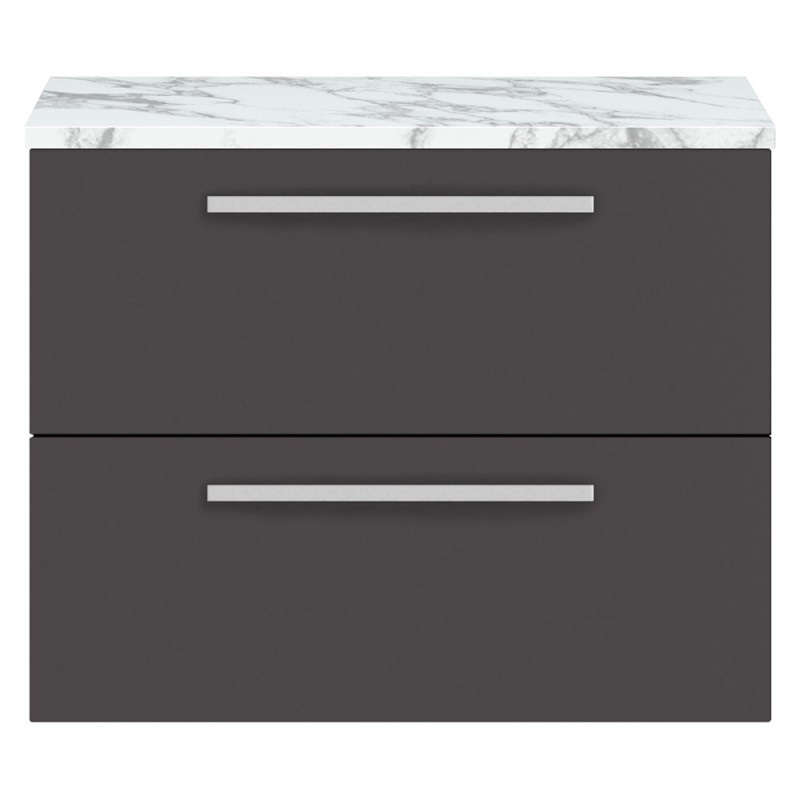 Quartet 720mm Wall Hung 2 Drawer Unit With Carrera Marble Laminate Worktop - Gloss Grey