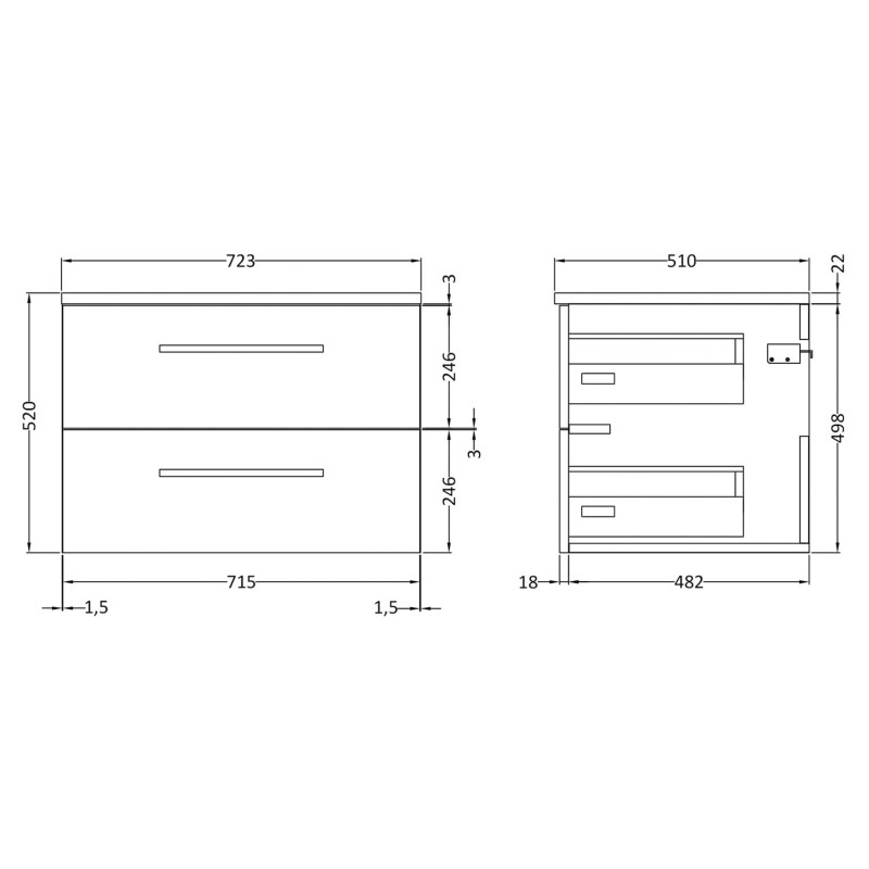 Quartet 720mm Wall Hung 2 Drawer Unit With Carrera Marble Laminate Worktop - Charcoal Black Woodgrain - Technical Drawing