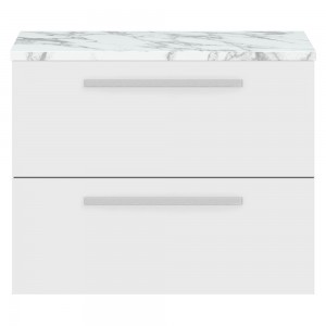 Quartet 720mm Wall Hung 2 Drawer Unit With Carrera Marble Laminate Worktop - Gloss White