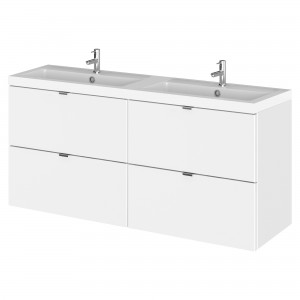 Fusion Gloss White 1200mm (w) x 579mm (h) x 360mm (d) Wall Hung Full Depth 4 Drawer Vanity Unit with Double Basin