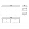 Fusion Gloss White 1200mm (w) x 579mm (h) x 360mm (d) Wall Hung Full Depth 4 Drawer Vanity Unit - Technical Drawing
