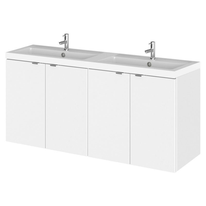 Fusion Gloss White 1200mm (w) x 579mm (h) x 360mm (d) Wall Hung Full Depth 4 Door Vanity Unit with Double Basin