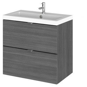 Fusion Anthracite Woodgrain 600mm (w) x 579mm (h) x 360mm (d) Wall Hung Full Depth 2 Drawer Vanity Unit with Basin