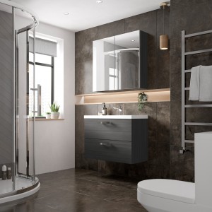 "Fusion" Anthracite Woodgrain 800mm (w) x 579mm (h) x 360mm (d) Wall Hung Full Depth 2 Drawer Vanity Unit with Basin