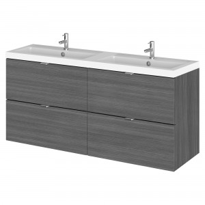 Fusion Anthracite Woodgrain 1200mm (w) x 579mm (h) x 360mm (d) Wall Hung Full Depth 4 Drawer Vanity Unit with Double Basin