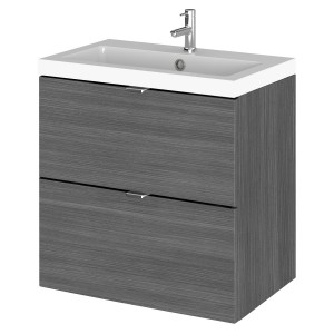 Fusion Anthracite Woodgrain 500mm (w) x 579mm (h) x 360mm (d) Wall Hung Full Depth 2 Drawer Vanity Unit with Basin