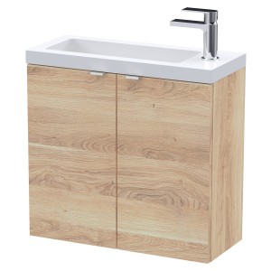 Fusion 600mm 2 Door Wall Hung Unit With Polymarble Basin - Bleached Oak
