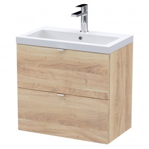 Fusion 600mm Wall Hung 2 Drawer Unit With Polymarble Basin - Bleached Oak