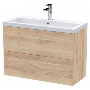 Fusion 800mm Wall Hung 2 Drawer Unit With Polymarble Basin - Bleached Oak