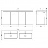 Fusion 1200mm Wall Hung 4 Door Vanity & Double Basin - Bleached Oak - Technical Drawing