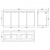 Fusion 1200mm Wall Hung 4 Door Vanity & Double Basin - Bleached Oak - Technical Drawing