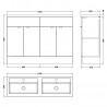 Fusion 1200mm Floor Standing 4 Door Vanity & Double Basin - Bleached Oak - Technical Drawing
