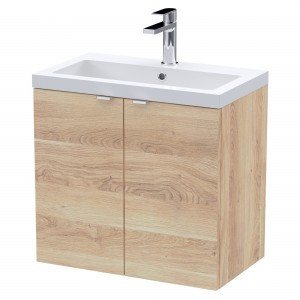 Fusion 600mm 2 Door Wall Hung Unit With Ceramic Basin - Bleached Oak