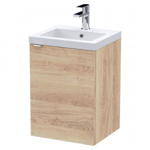 Fusion 400mm 1 Door Wall Hung Unit With Polymarble Basin - Bleached Oak