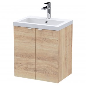 Fusion 500mm 2 Door Wall Hung Unit With Ceramic Basin - Bleached Oak