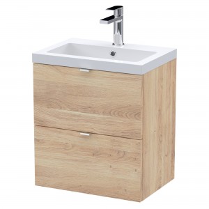 Fusion 500mm 2 Drawer Wall Hung Unit With Ceramic Basin - Bleached Oak