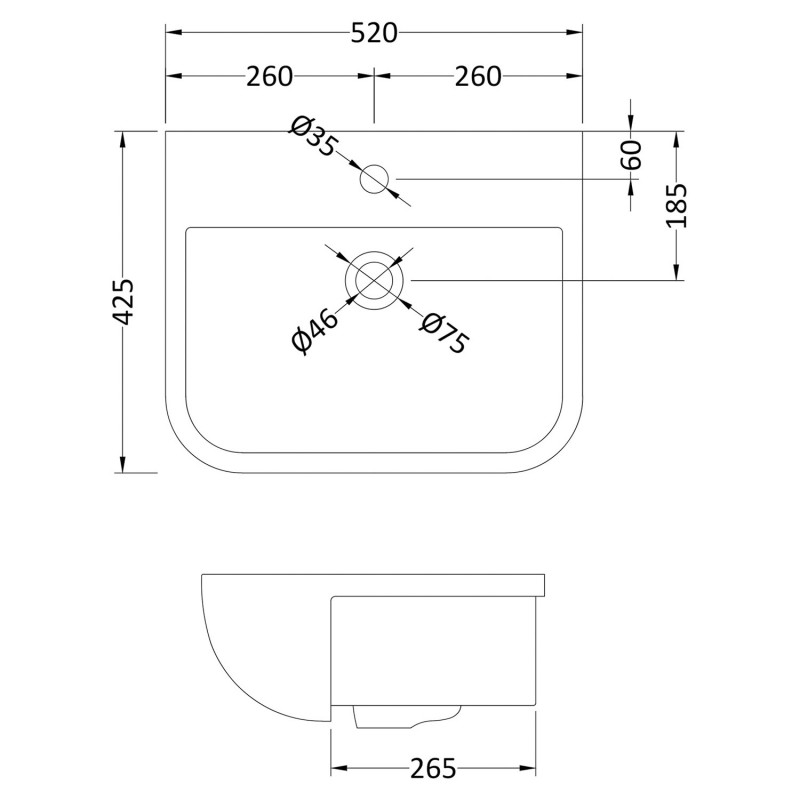 520mm (w) x 175mm (h) x 425mm (d) Rectangular Semi-Recessed Basin (1 Tap Hole) - Technical Drawing