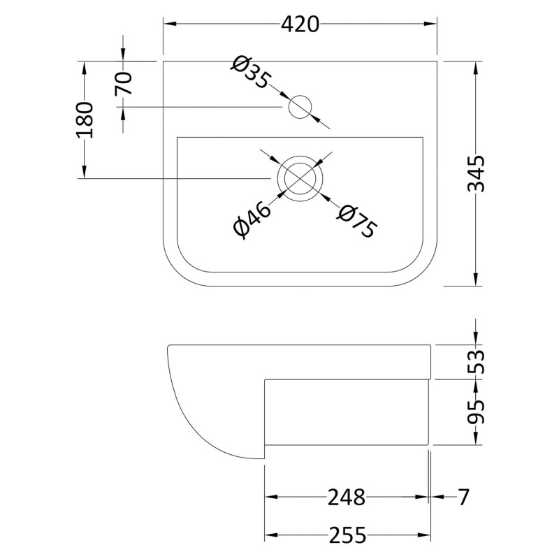 420mm (w) x 175mm (h) x 345mm (d) Compact Rectangular Semi-Recessed Basin (1 Tap Hole) - Technical Drawing