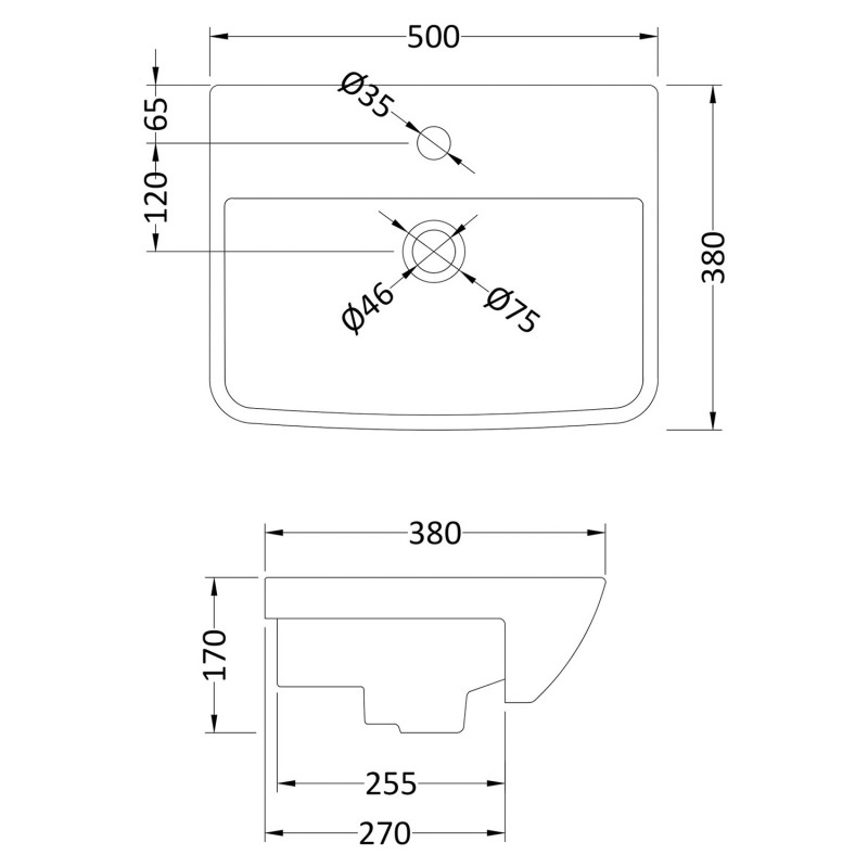 500mm (w) x 170mm (h) x 380mm (d) Square Semi-Recessed Basin (1 Tap Hole) - Technical Drawing