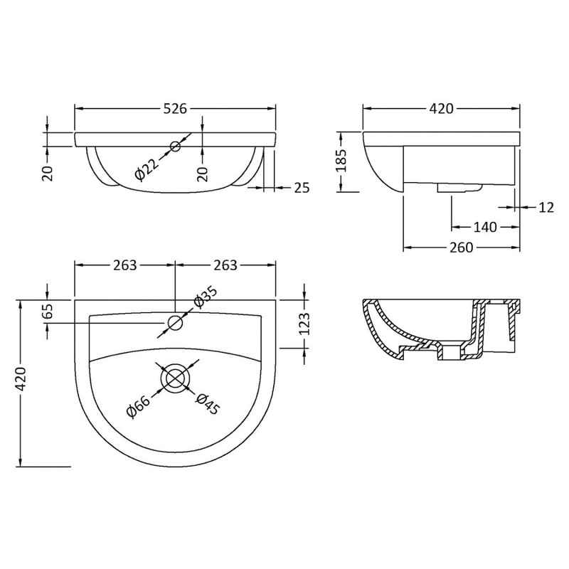 Harmony 500mm (w) x 170mm (h) x 390mm (d) Semi Recessed Basin (1Tap Hole) - Technical Drawing