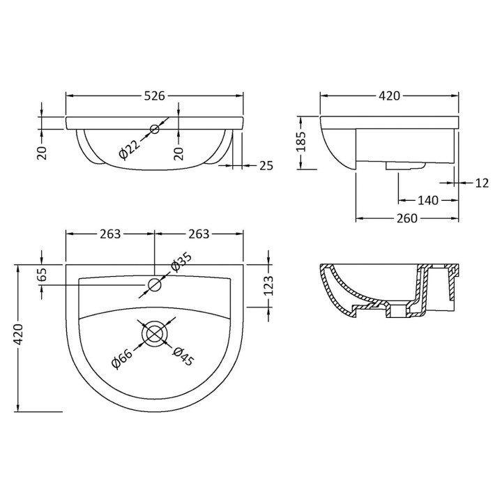 Harmony 500mm (w) x 170mm (h) x 390mm (d) Semi Recessed Basin (1Tap Hole) - Technical Drawing