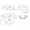 Harmony 500mm (w) x 170mm (h) x 390mm (d) Semi Recessed Basin (1Tap Hole) - Technical Drawing