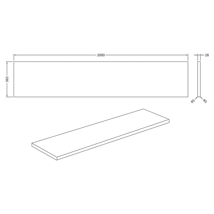 White Gloss Laminate Worktop 2000mm (w) x 365mm (d) x 28mm (h) - Technical Drawing