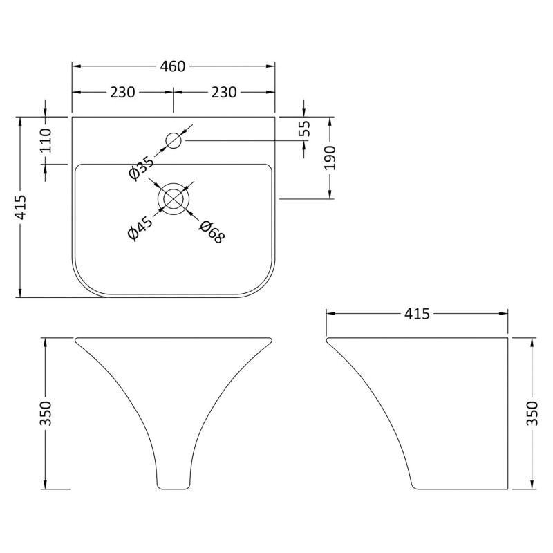 Grace 460mm (w) x 350mm (h) x 415mm (d) Wall Hung Basin (1 Tap Hole) - Technical Drawing