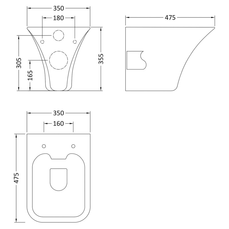 Rimless 350mm (w) x 355mm (h) x 490mm (d) Wall Hung Toilet Pan with Quick Release Soft Close Toilet Seat - Technical Drawing