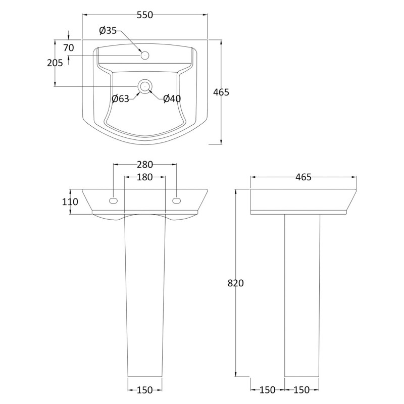 Maya 550mm Basin with 1 Tap Hole and Full Pedestal - Technical Drawing