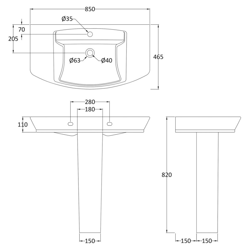 Maya 850mm Basin with 1 Tap Hole and Full Pedestal - Technical Drawing