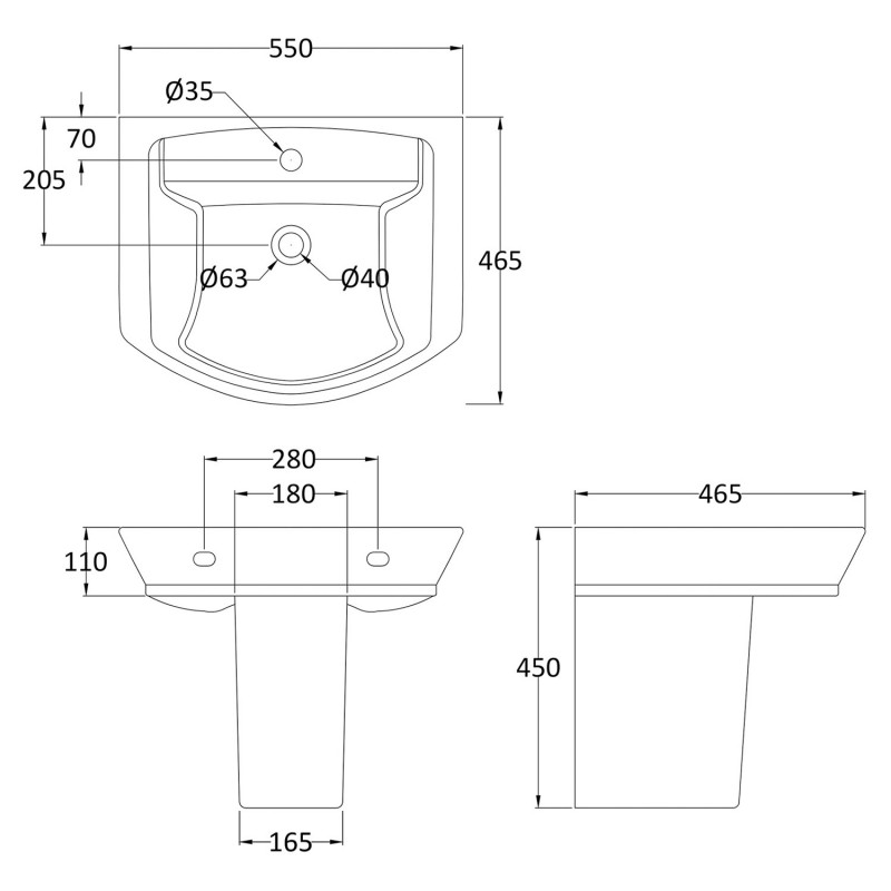 Maya 550mm (w) x 450mm (h) Basin & Semi Pedestal (1 Tap Hole) - Technical Drawing