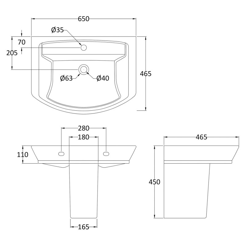 Maya 650mm (w) x 415mm (h) Basin & Semi Pedestal (1 Tap Hole) - Technical Drawing