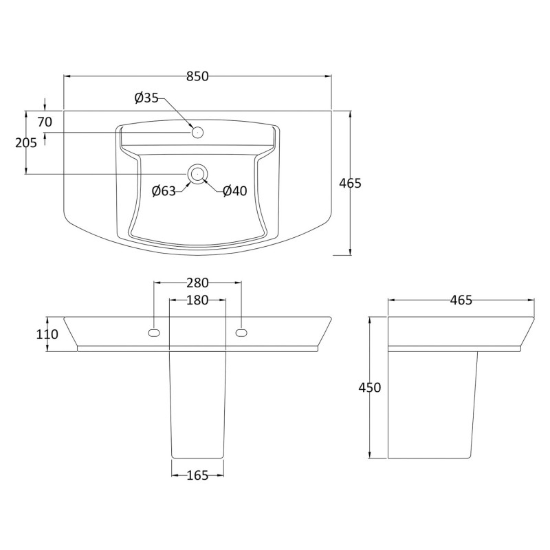 Maya 850mm (w) x 440mm (h) Basin & Semi Pedestal (1 Tap Hole) - Technical Drawing