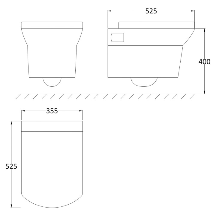 Maya 355mm (W) X 400mm (H) x 525mm (d) Wall Hung Toilet (Includes Soft Close Seat) - Technical Drawing