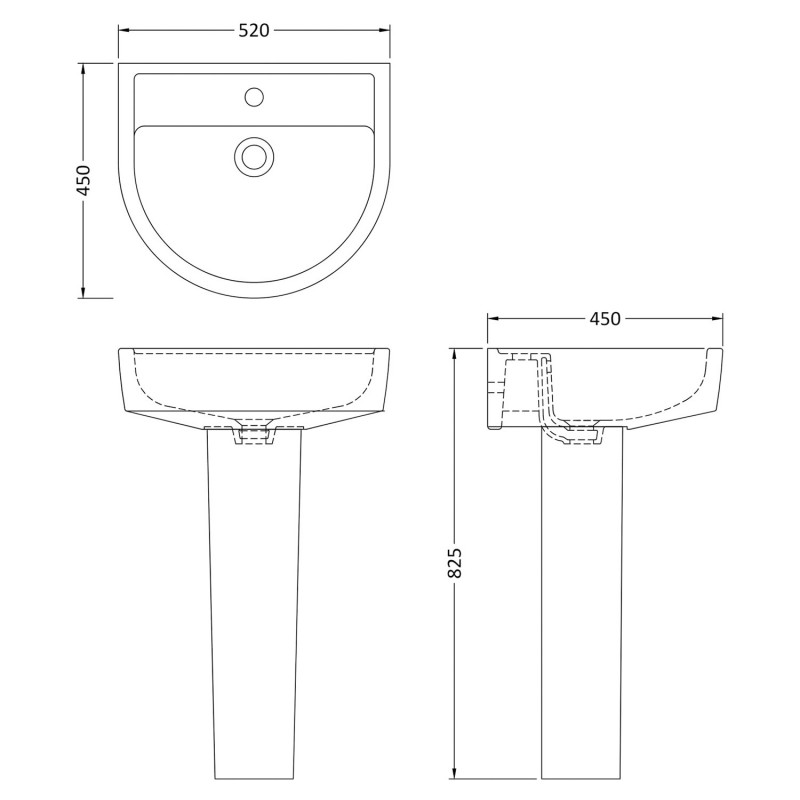 Luna 520mm Basin with 1 Tap Hole and Full Pedestal - Technical Drawing