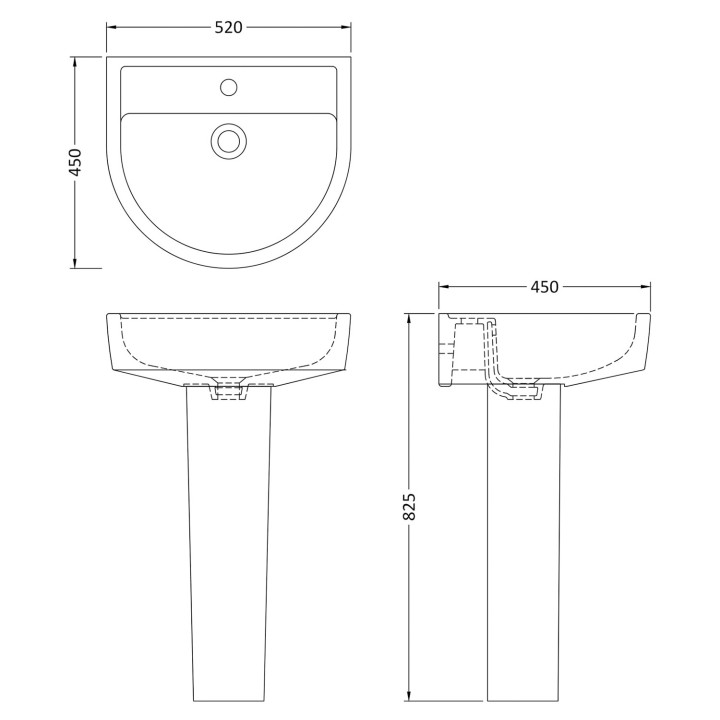Luna 520mm Basin with 1 Tap Hole and Full Pedestal - Technical Drawing